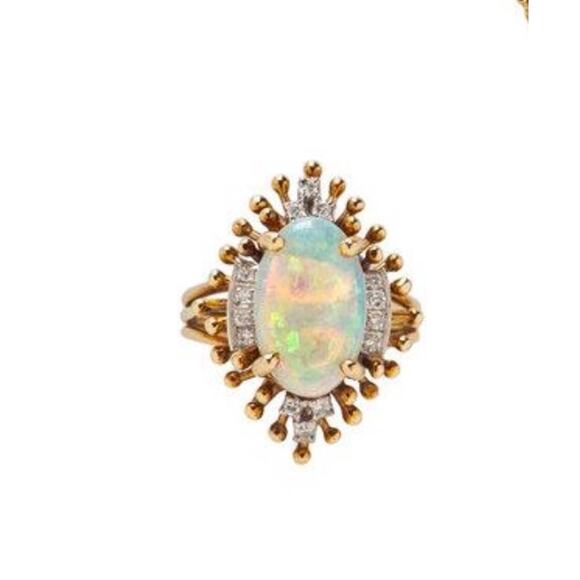 Vintage Cabochon Opal & Diamond Halo Statement Ring 14K Gold - Picture 1 of 3